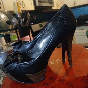 Guess Black Leather Platform Heels